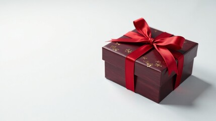 Obraz premium A maroon gift box with a red ribbon and gold accents rests on a white surface