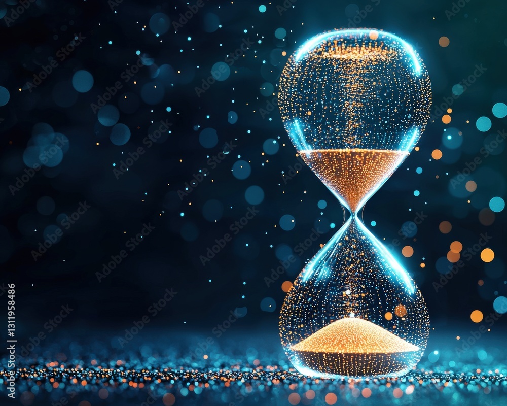 Poster a digital hourglass with glowing data streams flowing in place of sand.
