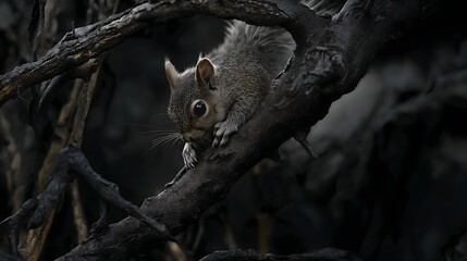Fototapeta premium Squirrel on Burned Branch after Forest Fire Environmental Disaster