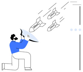 Man holding shield deflects incoming DDoS missiles, symbolizing cybersecurity defense, threat prevention, digital safety. Ideal for IT security, network protection, risk management, resilience, cyber