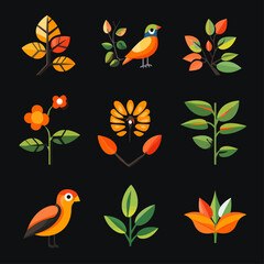 Bird, Flowers, and Leaves Botanical Set with Geometric Flat Design Style