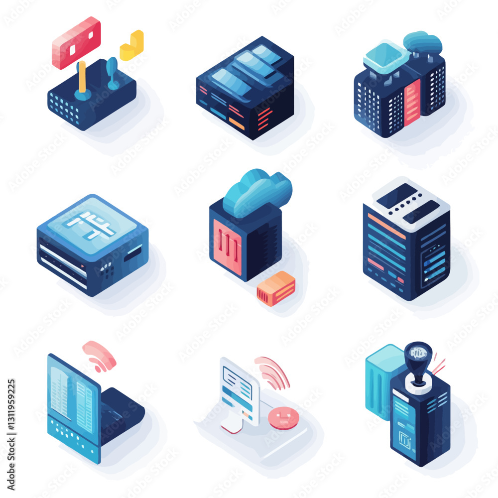 Aufkleber isometric data servers and network devices on white background design
