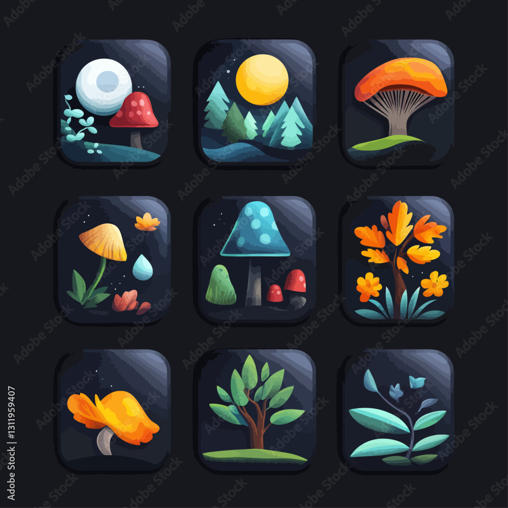 Poster nature icons collection featuring mushrooms and trees in a vector format