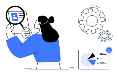 Woman examining a profile card with a magnifying glass, accompanied by gears symbolizing process and a financial pie chart showing data. Ideal for recruitment, analytics, finance, teamwork, HR