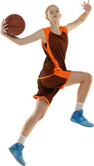 Dynamic full-length image of teen girl, basketball player in motion, throwing ball in a jump...
