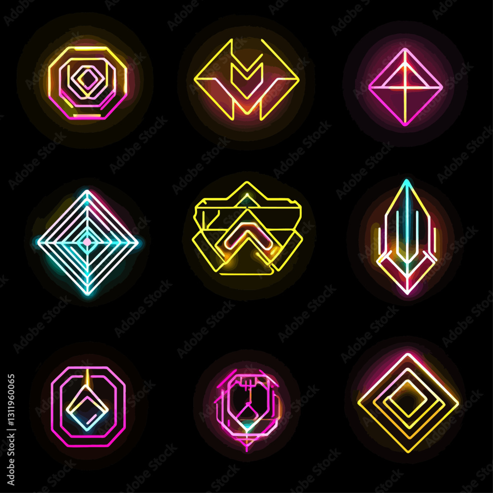 Aufkleber neon shapes glow with futuristic tech and abstract design on dark background