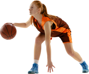 Concentrated red-haired teen girl, basketball player dribbling ball with one hand, training, playing isolated on transparent background. Concept of sport, competition, active lifestyle, game