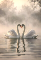 Fototapeta premium Elegant White Swans Form A Heart Shape With Their Necks Amidst Serene Waters