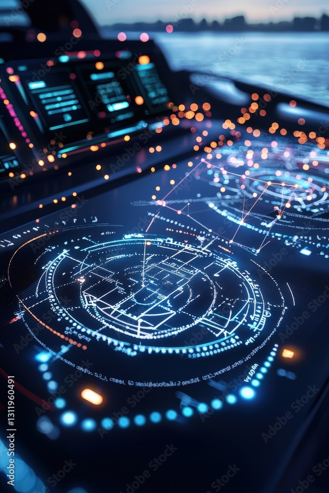 Poster a digital overlay of trade data on a futuristic ship's navigation system.