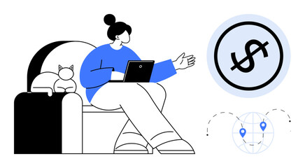 Woman using a laptop while sitting on a chair next to a cat, discussing financial matters. Globe with location pins and dollar sign representing global finance. Ideal for remote work, finance