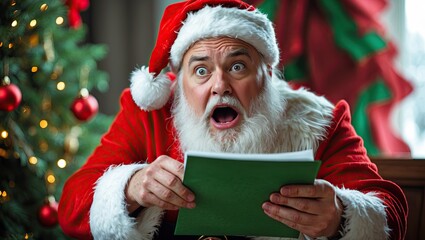 Naklejka premium Surprised festive character in holiday attire holding a green paper with a shocked expression, set against a decorated Christmas tree background