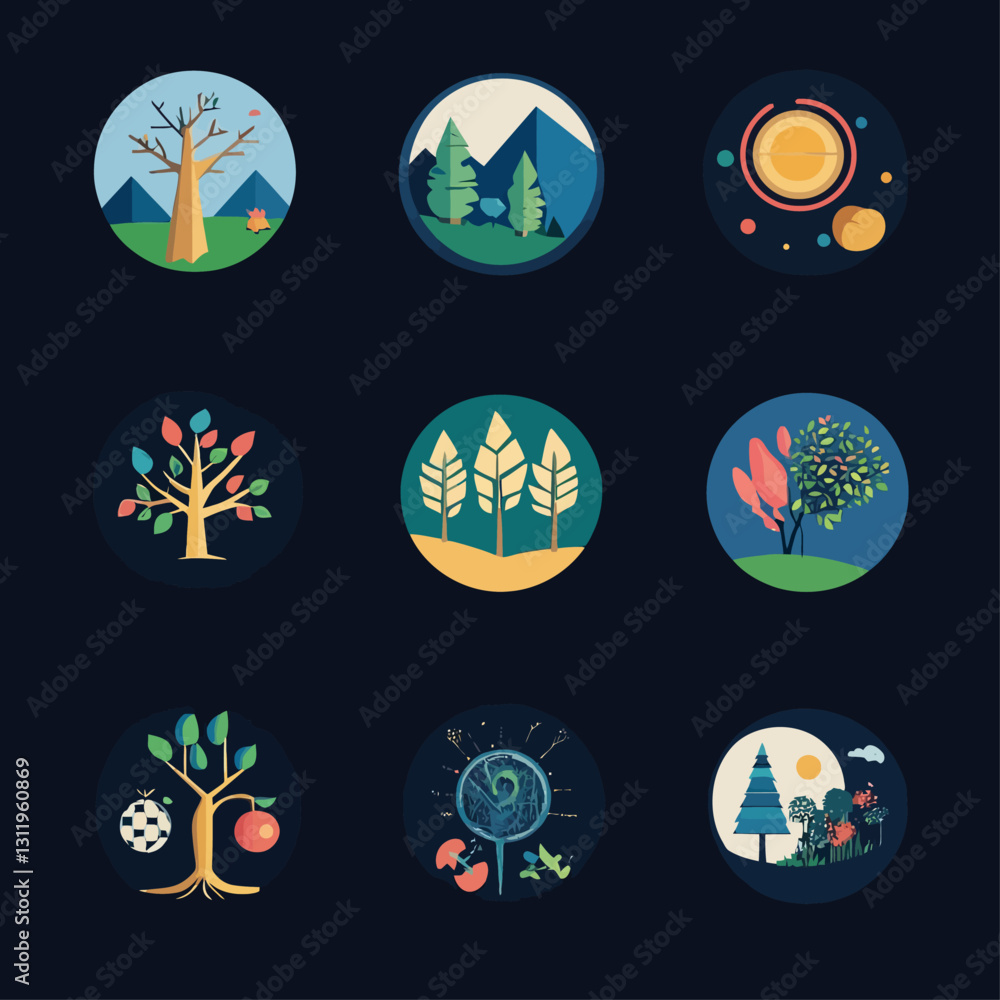 Poster vector graphic icons of nature and trees in a minimalist style design