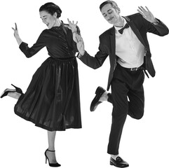 Rhythmic. Black and white. Stylish, elegant young couple, man and woman in stylus clothes dancing isolated on transparent background. Concept of hobby, retro dance, vintage style, choreography, beauty
