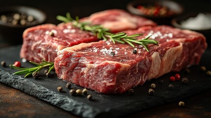 Fresh, seasoned steaks on slate board