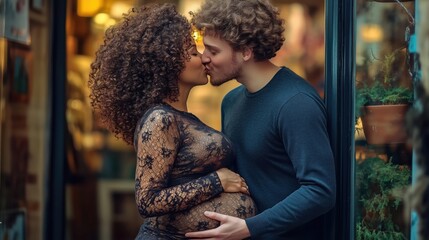 A loving couple shares a tender kiss while the pregnant woman holds her belly.