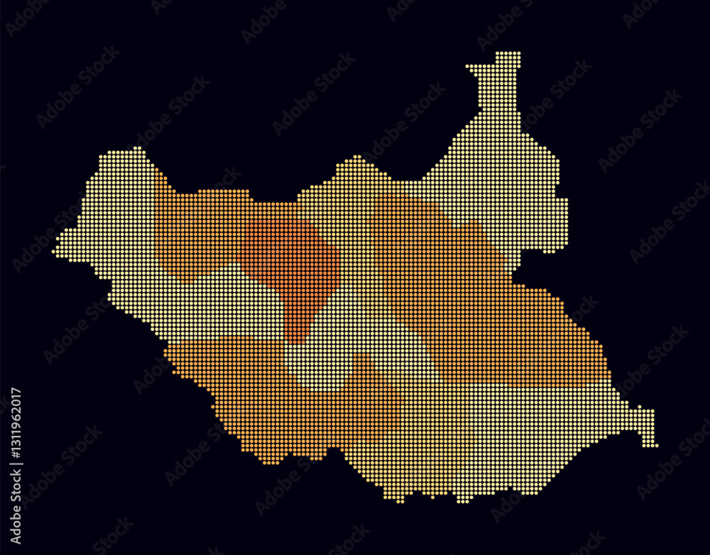 Poster south sudan dotted map. digital style map of the country on dark background. south sudan shape with 
