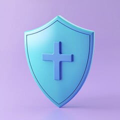 Fototapeta premium Purple background, blue shield icon with cross, health security.