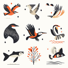 Minimalist Birds and Fish Illustration in Black Orange and Beige Tones