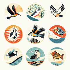 Bird and Fish Vector Art Icons of Wildlife Ecosystems in Circle Frames