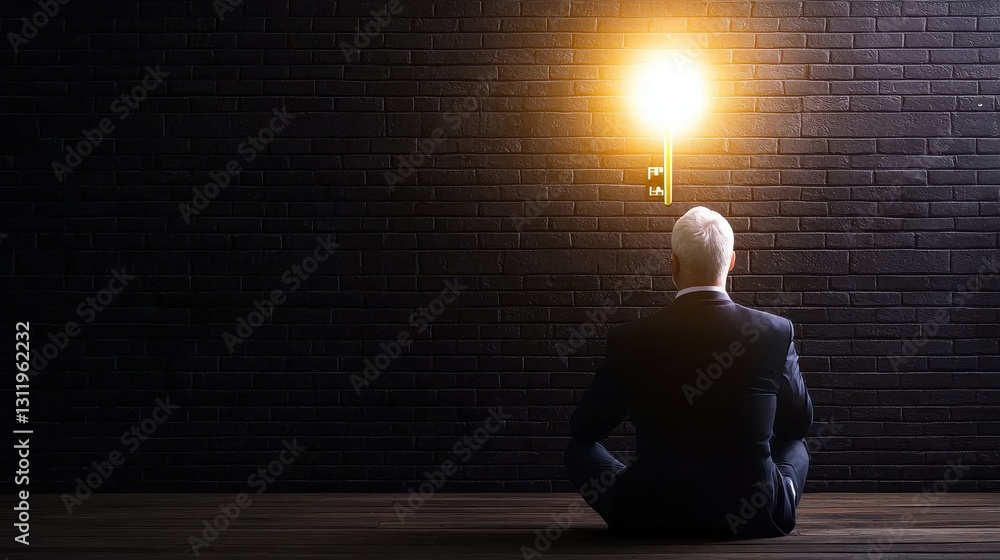 Poster a man sits in meditation in front of a light on a dark wall, symbolizing introspection and enlighten