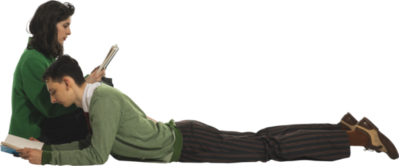 Young couple, man and woman spending time together and reading books isolated on transparent background. Hobby and leisure. Concept of retro and vintage, fashion, romance, relationship