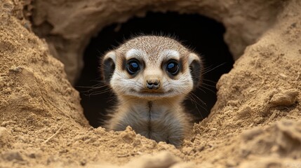 Obraz premium A baby meerkat peeking out of its burrow, with its small eyes watching curiously for danger