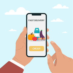 Order grocery online.Hand holding mobile smart phone with fast delivery service mobile application. Supermarket online shopping.Vector illustration