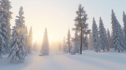 Winter sunrise in snowy forest.  Possible use nature calendar, greeting card, background