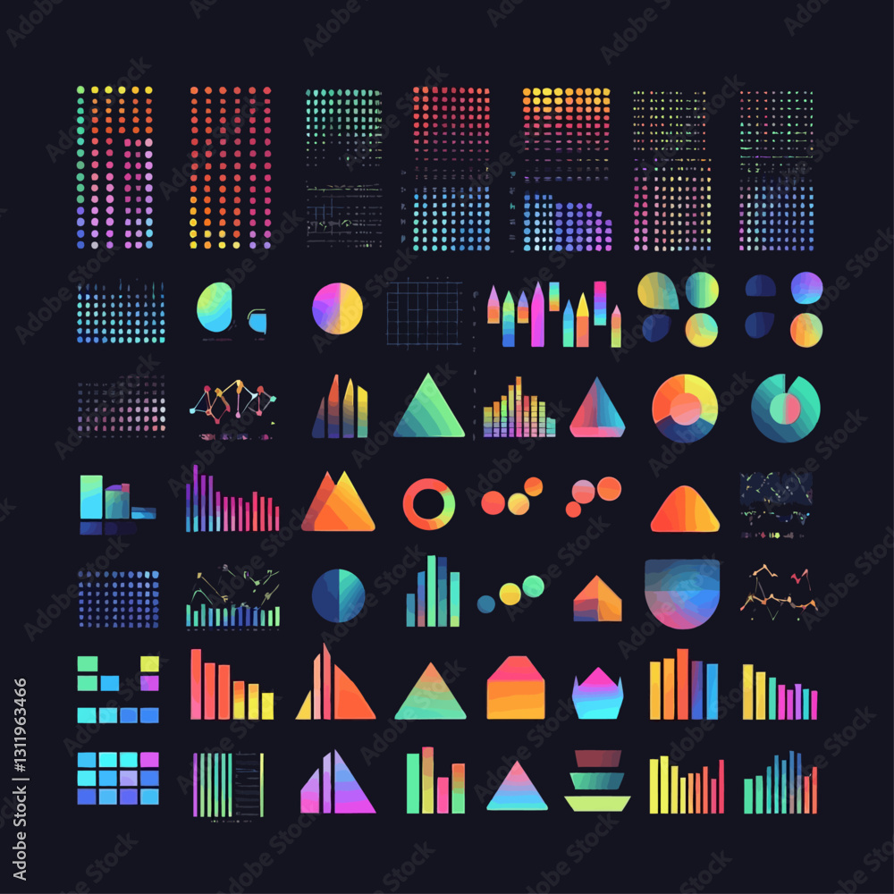 Poster Gradient Data Visualizations on Dark Background, Colorful Charts and Graphs