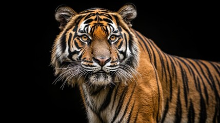 Fototapeta premium Majestic tiger portrait showcasing vibrant stripes and piercing gaze