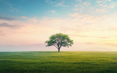 Fototapeta premium A bright green field with a lone tree, under a soft, pastel-colored sky at dawn