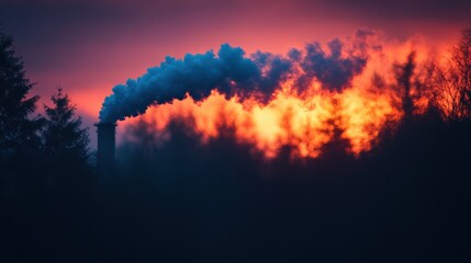 Smoke billowing from a chimney at sunset, creating a dramatic contrast with the sky