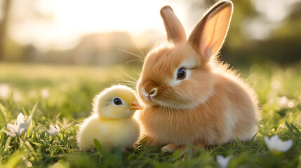 Bunny and chick in a spring meadow with flowers