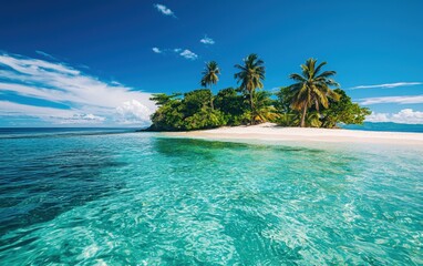 Fototapeta premium A bright, sunny tropical island with clear blue water and white sandy beaches