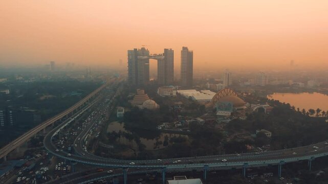 Aerial view of Kolkata Famous Building Atmosphere beside Science City during sunset Drone View