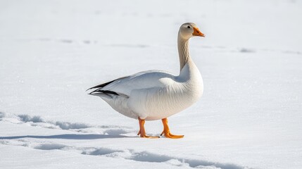 Elegant White Goose Walking on Snowy Landscape in Bright Sunlight