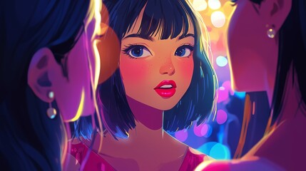 Night conversations with girlfriends under urban neon lights