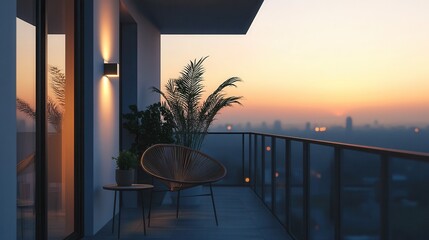 Fototapeta premium a minimalist balcony with a single chair, a small table, and a potted plant, overlooking a calm cityscape at dusk.
