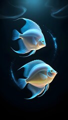 Luminous discus fish glide in a surreal, glowing abyss, surrounded by ethereal light and nebula-like particles.