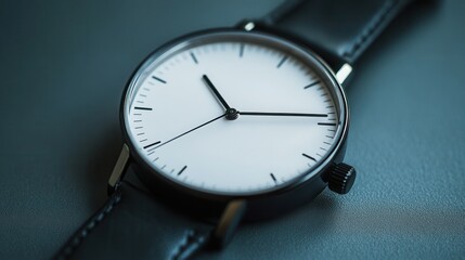 a minimalist wristwatch with a plain white face, black leather strap, and no numbers, displayed on a soft grey background. 