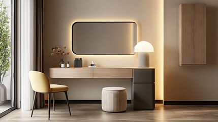 A beautifully arranged dressing area with a modern vanity, decorative elements, and soft textures