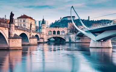 Danube River, City Bridge over River at Dawn