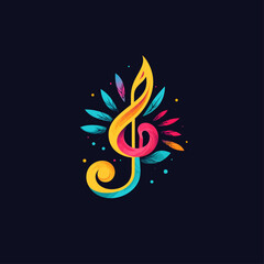 Colorful Treble Clef Music Symbol with Decorative Leaves and Vibrant Dots