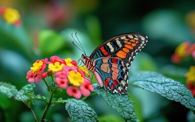 Obraz premium A close-up of a colorful butterfly resting on a bright flower, surrounded by greenery