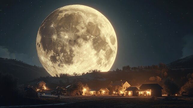 Giant moon illuminating a quaint village under a starry night sky