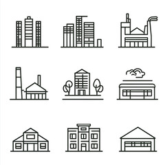 Fototapeta premium Cityscape outline buildings icon vector. Industry and architecture design.