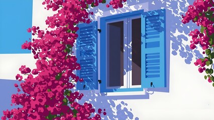 A charming Mediterranean-style window with bright blue shutters, surrounded by vibrant pink bougainvillea flowers. Sunlight casts soft shadows on the white wall, creating a warm and summer atmosphere.