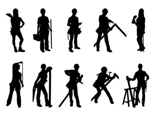 Set of Female Carpenter Silhouette in various poses isolated on white background
