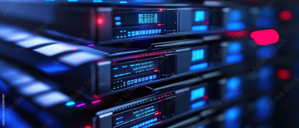 Poster close-up of data servers with glowing lights and displays