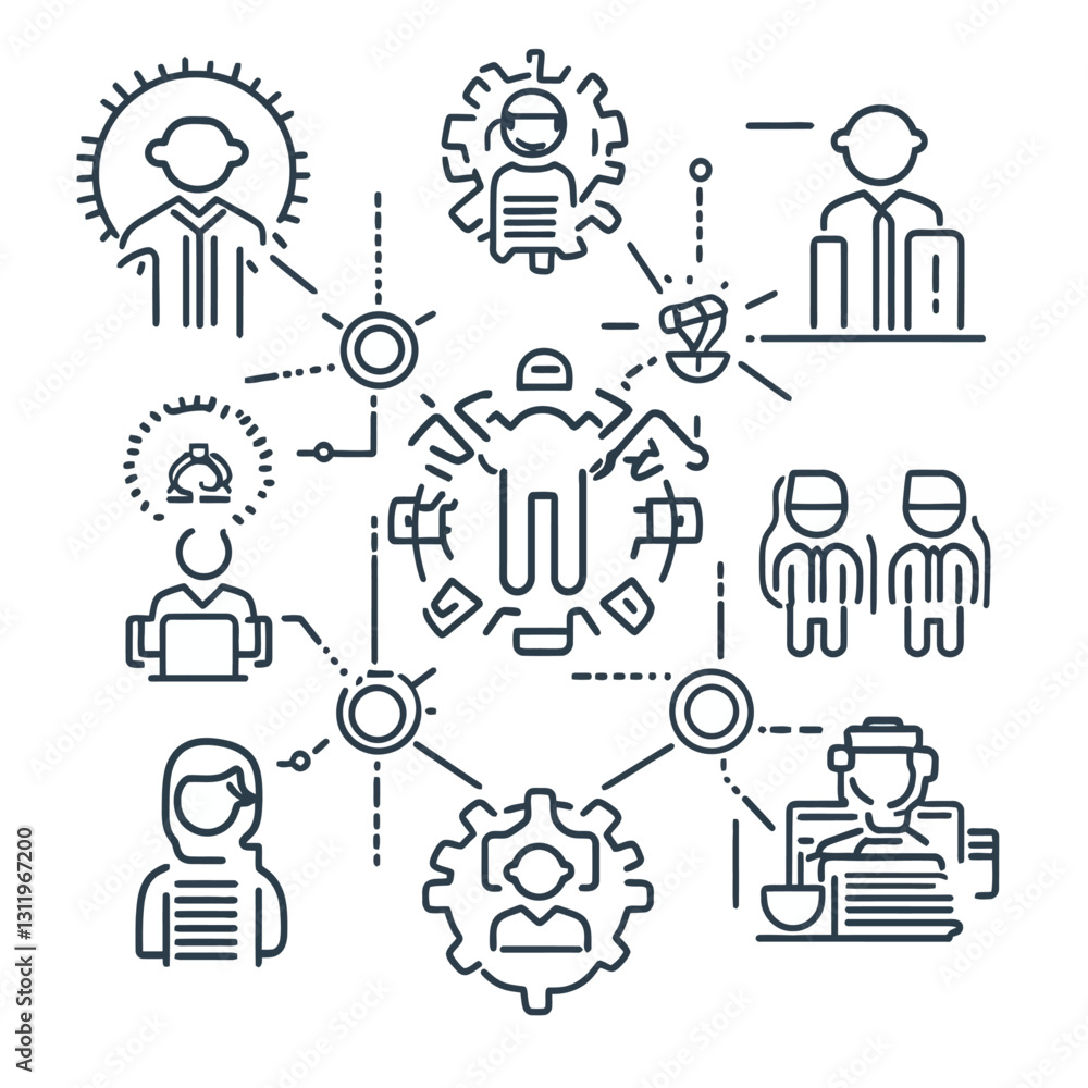 Poster teamwork network diagram showing connection between diverse professions